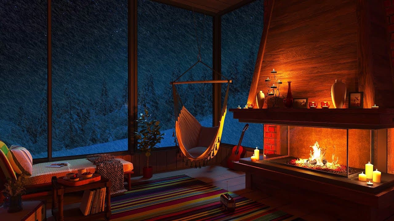 Relaxing snowstorm for sleeping | The sounds of a blizzard and the crackling of a fireplace